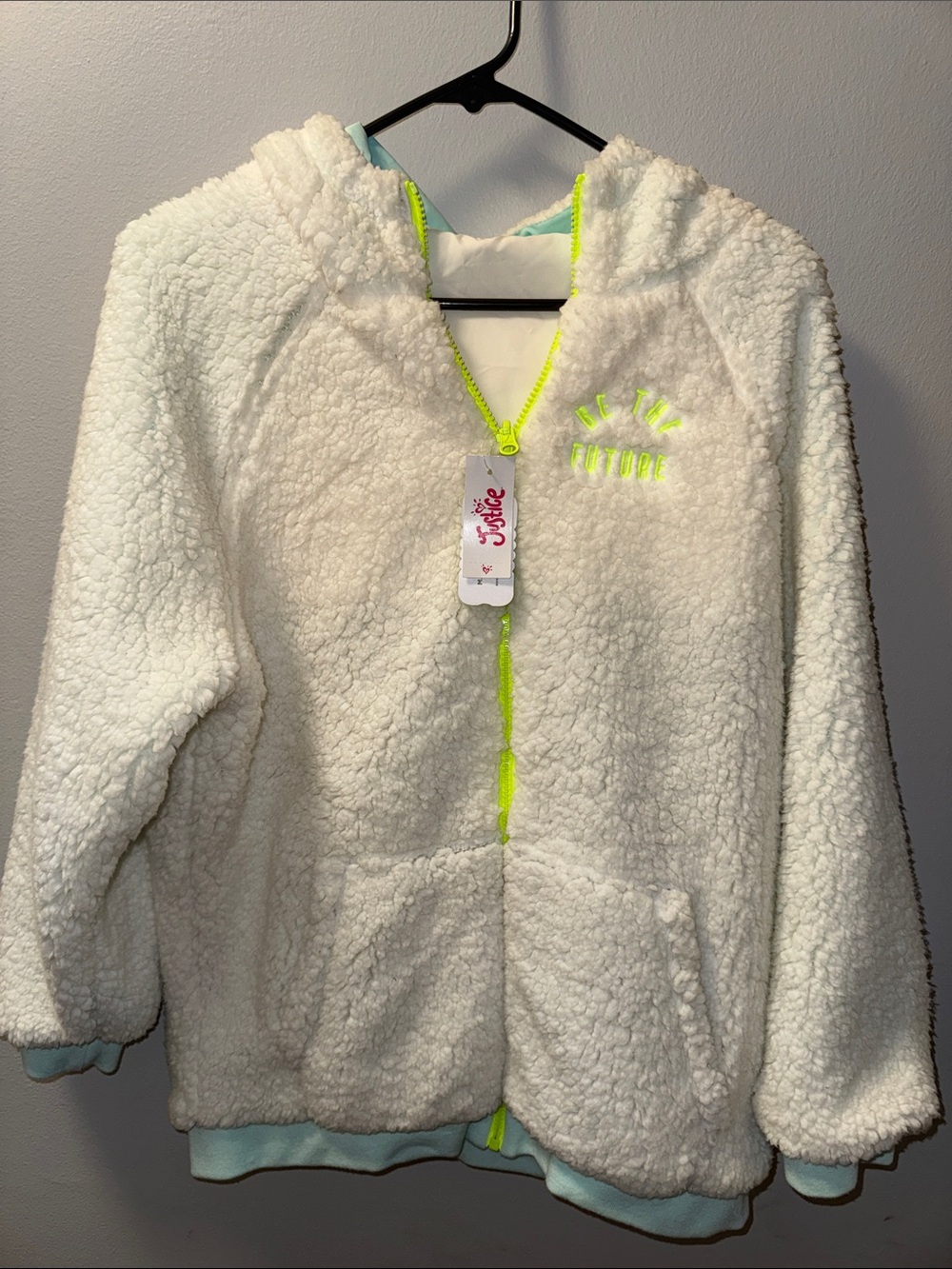 Justice White Sherpa Hoodie with Neon Yellow Accents - size 16/18
